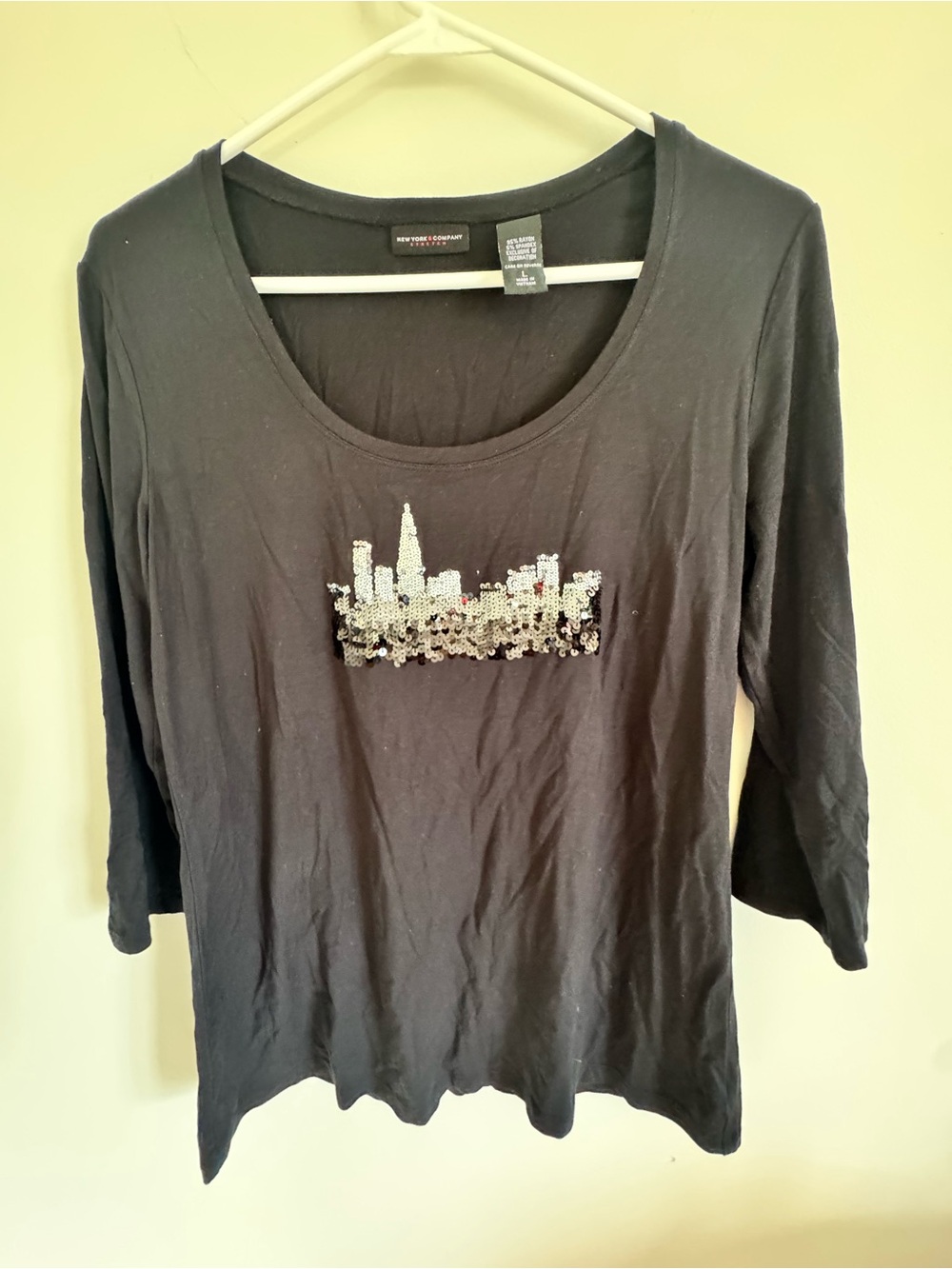 New York & Company Black Scoop Neck Top with Silver Sequin City Skyline